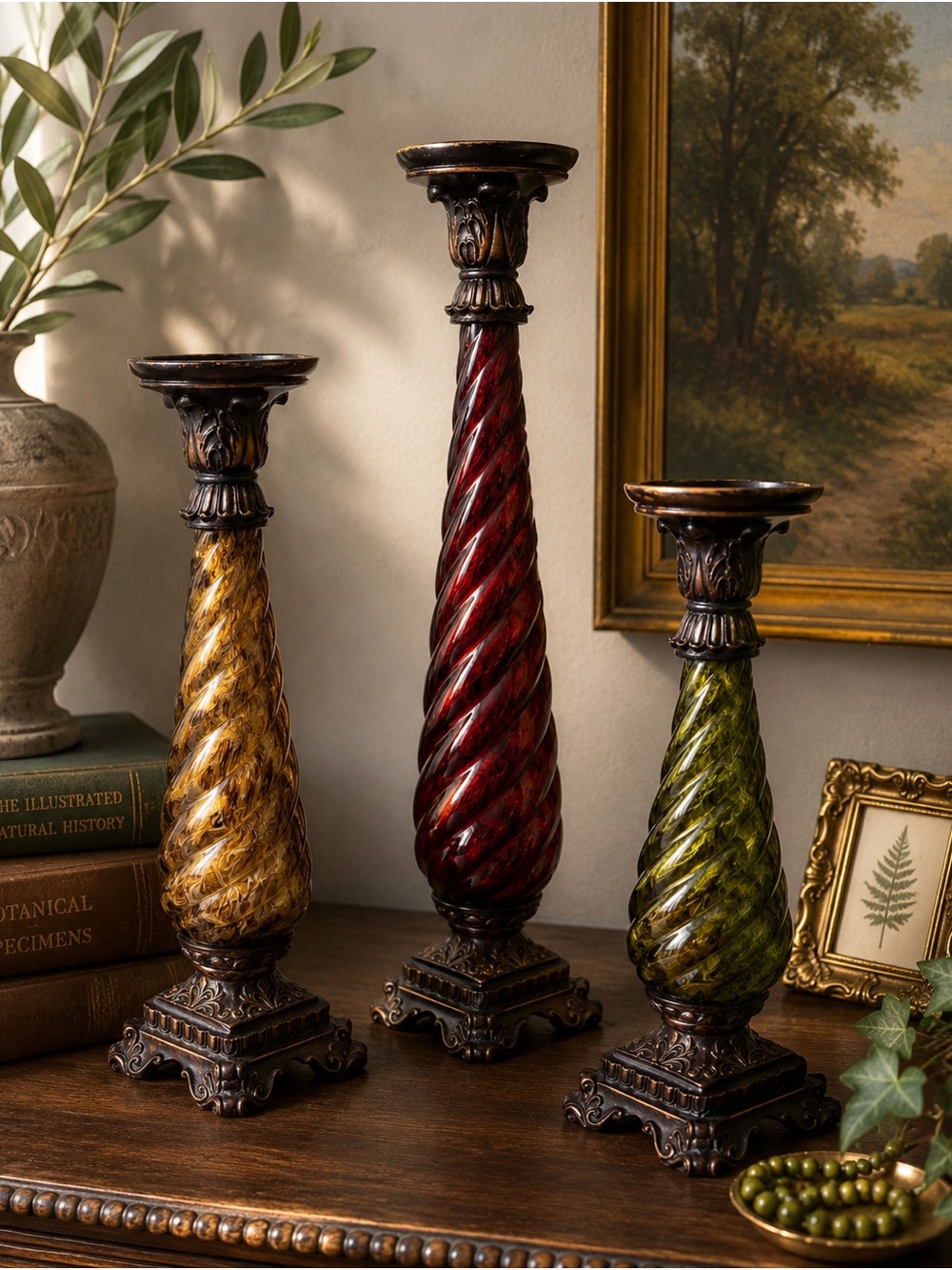 Elegant Twisted Glass Candle Holders Set - Amber, Ruby, Olive